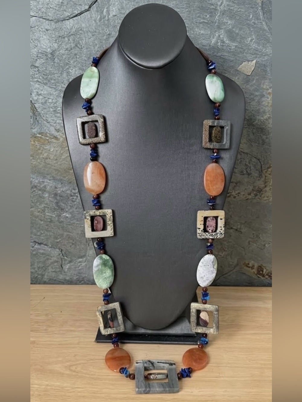 Vintage 38” Chunky Boho Natural Stone Statement Necklace Jasper Lapis Carnelian